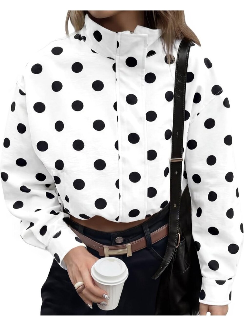 Womens White Black Polka Dot Lightweight Lapel Collar Coat ZIP Up Cropped Jacket